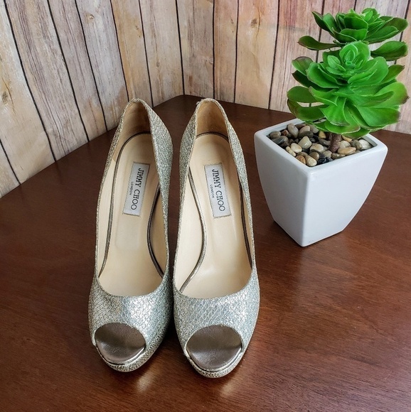 Jimmy Choo LUNA 100 Champagne Glitter Fabric Peep - Picture 4 of 6